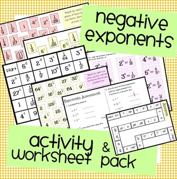 Preview of Negative Exponents Worksheet, Assessment & Activity Pack