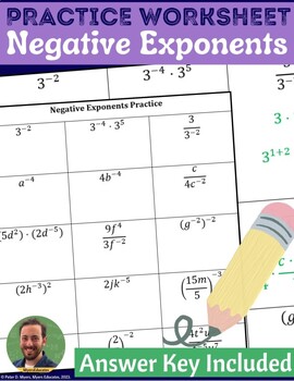 Preview of Negative Exponents Practice Worksheet + Answer Key