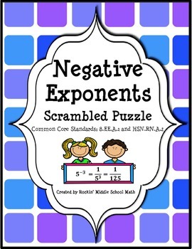 Preview of Negative Exponents Practice-Scrambled Puzzle-(CCSS 8.EE.A.1 and HSN.RN.A.2)