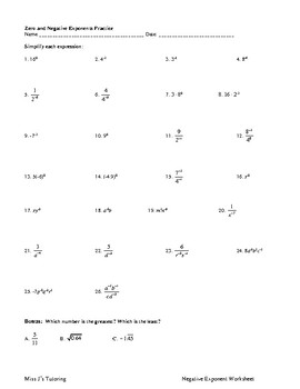 Negative Exponents Worksheet by Miss J's Tutoring | TpT