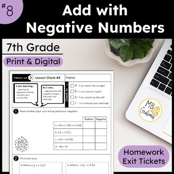 Preview of Negative Number Addition Worksheets & Exit Tickets - iReady Math 7th Grade L8