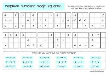 Negative Numbers Magic Squares by Nicola Waddilove | TpT