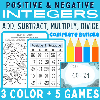 Preview of Negative & Positive Number Integers Add, Subtract, Multiply, Divide COLOR, GAMES