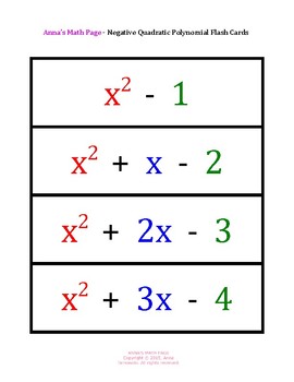 Preview of Positive and Negative Coefficient Quadratic Polynomial Flash Cards