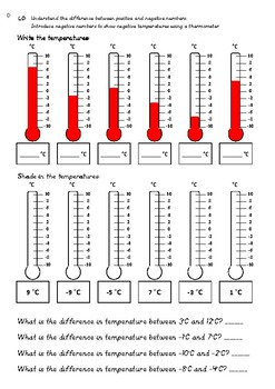 negative numbers temperature worksheet tes