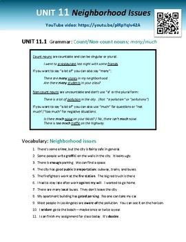 Preview of Neighborhood Issues- Count/Non-count nouns (ESL YouTube video & printables)