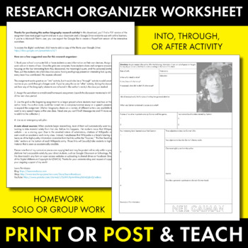 Neil Gaiman Author Study Biography Worksheet, Gaiman, PDF & Google