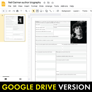 Neil Gaiman Author Study Biography Worksheet, Gaiman, PDF & Google