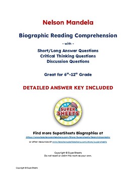 Preview of Nelson Mandela Biography: Reading Comprehension & Questions w/ Answer Key