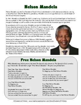 Preview of Nelson Mandela Biography, Song Lyrics, and Questions