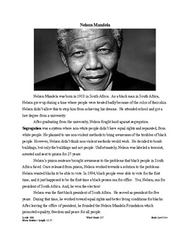 Preview of Nelson Mandela Main Idea  Reading Passage and Comprehension Assessment