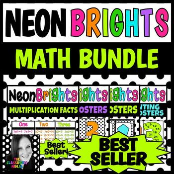Preview of Neon Brights Math Posters Bundle Shapes Numbers Counting Multiples