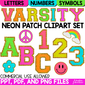 Preview of Neon Groovy Varsity Patch Letters Clipart & Bulletin Board Set