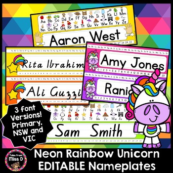 Preview of Neon Rainbow Unicorn Name Tags / Name plates EDITABLE