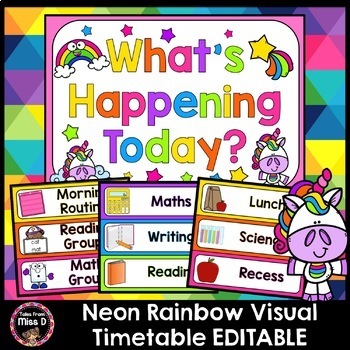 Preview of Neon Rainbow Unicorn Visual Timetable EDITABLE