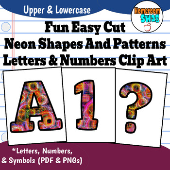 Preview of Neon Shapes And Patterns Easy Cut Printable Bulletin Board Letters and Numbers