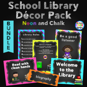 Preview of Neon and Chalkboard Library Posters Decor - BUNDLE