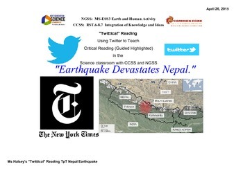Preview of Nepal Earthquake - Critical Reading/Guided Highlighted NGSS MS-ESS3 (Editable)