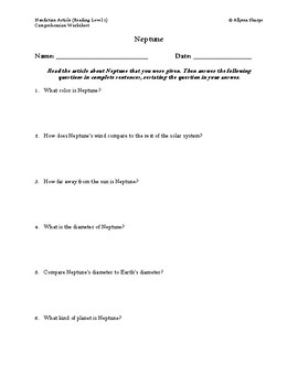 Preview of Neptune Planet Article (Reading Level 1) Comprehension Worksheet