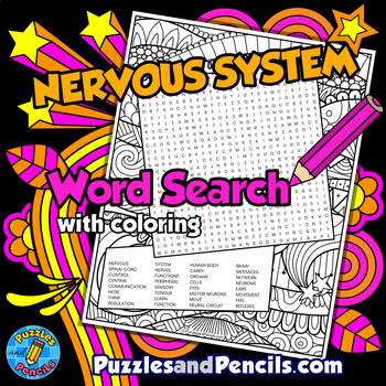Preview of Nervous System Word Search Puzzle Activity Page with Coloring | Human Body