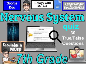 Preview of Nervous System quiz- 7th Grade - 30 True/False Questions with Answers, 4 pgs