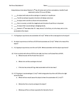 Preview of Net Force Calculations II Worksheet