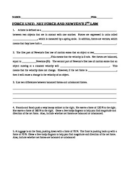 Net Force and Newton's Second Law of Motion Worksheet by Paige Lam