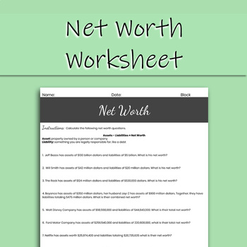 Preview of Net Worth Worksheet (Distance Learning Friendly)