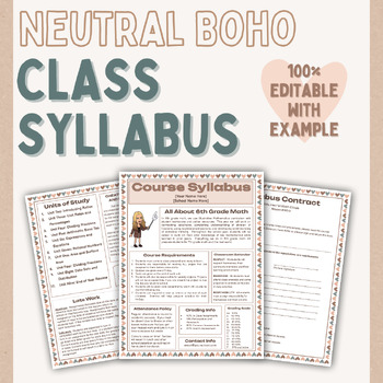 Preview of Neutral Boho Elementary and Middle School Syllabus Editable on Google Slides