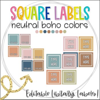 Preview of Neutral Boho Square Labels | Library, Book Bin, & Supply Labels | Editable!
