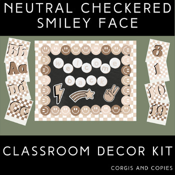 Preview of Neutral Checkered Smiley Face Classroom Decor Bundle