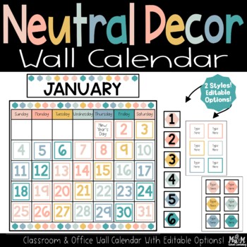 Preview of Neutral Decor Wall Calendar / Editable Holidays / Classroom Or Office Visual