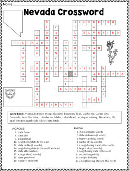 Nevada Crossword Puzzle by Ann Fausnight Teachers Pay Teachers