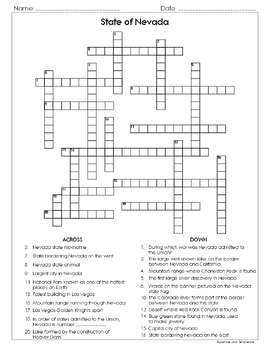 Nevada Research Skills Crossword Puzzle U S States Geography