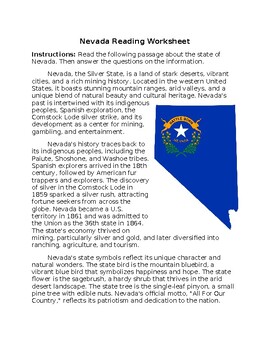 Preview of Nevada State Profile & History Reading Worksheet w/Answer Key **Editable**