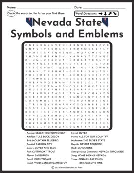 Nevada State Symbols and Emblems Word Search Puzzle Worksheet