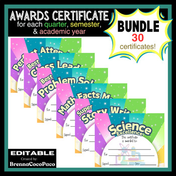Preview of New Bright Editable End of School Year Award Certificates - Bundle II