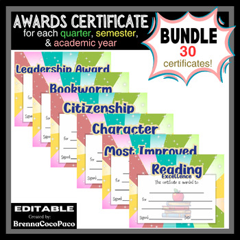 Preview of New Bright Editable End of School Year Award Certificates - Bundle I