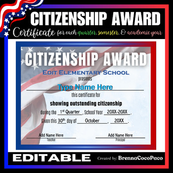 Preview of New! Citizenship Award Certificate #1 | Quarter, Semester, & EOSY