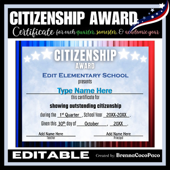 Preview of New! Citizenship Award Certificate #2 | Quarter, Semester, & EOSY