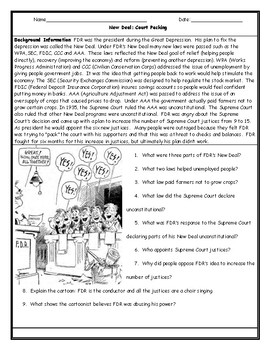 New Deal FDR Court Packing Political Cartoon Worksheet with Answer Key
