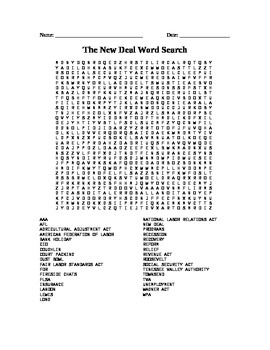 Great Depression: New Deal Word Search by Mrs Quigleys Classroom