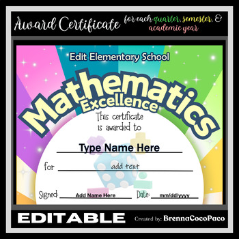 Preview of New Editable Certificate of Mathematics Excellence  | Quarter, Semester, EOSY #1