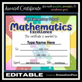 Preview of New Editable Certificate of Mathematics Excellence  | Quarter, Semester, EOSY #2