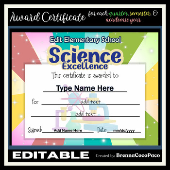 Preview of New Editable Certificate of Science Excellence  | Quarter, Semester, EOSY #2