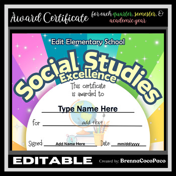 Preview of New Editable Certificate of Social Studies Excellence  | Quarter,Semester,EOSY#1