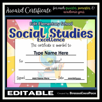 Preview of New Editable Certificate of Social Studies Excellence  | Quarter,Semester,EOSY#2