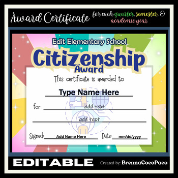 Preview of New Editable Citizenship Award Certificate  | Quarter, Semester, EOSY #2