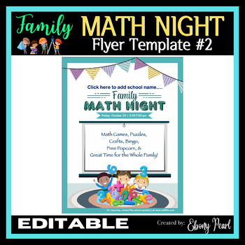 Preview of New Editable Family Math Night Flyer Template #2 | Unique School Flyers
