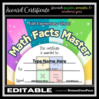 Preview of New Editable Math Facts Master Award Certificate  | Quarter, Semester, EOSY #1